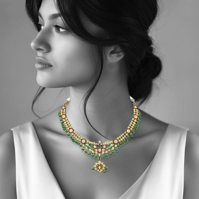 Peacock Polki Necklace with Multicolour Enamel and Bead Drops